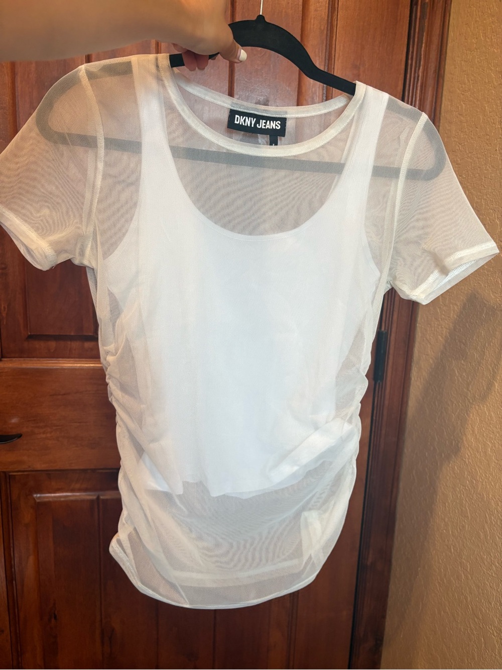 DKNY Jeans Y2K Style Off-White Ruched Mesh Layered Top - Size S